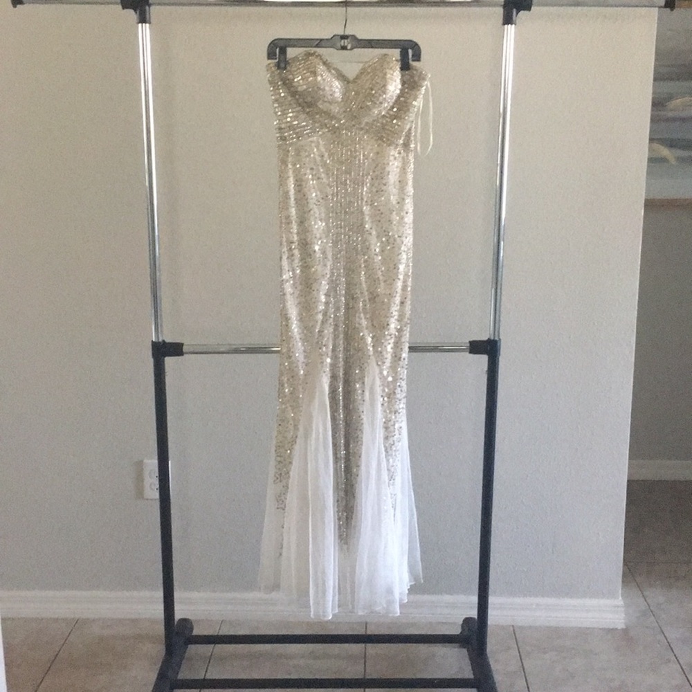 Joanna Chen strapless white and cream prom dress